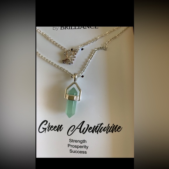 Green Aventurine Stone Crystal Fine Silver Plated Double Necklace NWT - Picture 3 of 6